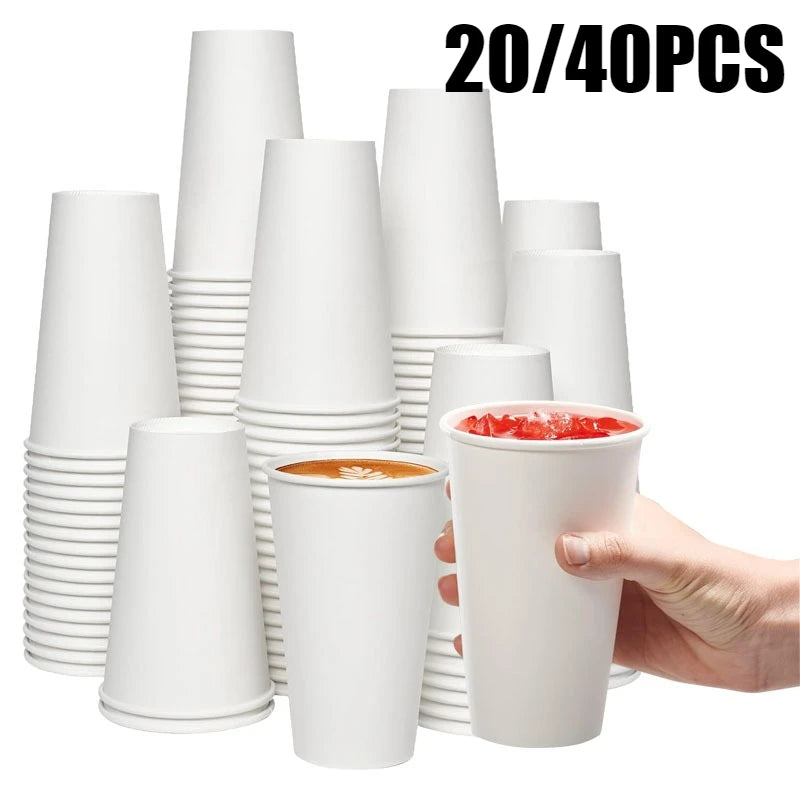 20/40PCS White Paper Cups 16OZ Disposable Coffee Cups Suitable for Hot/cold Drinks Suitable for Parties Picnics Travel Events