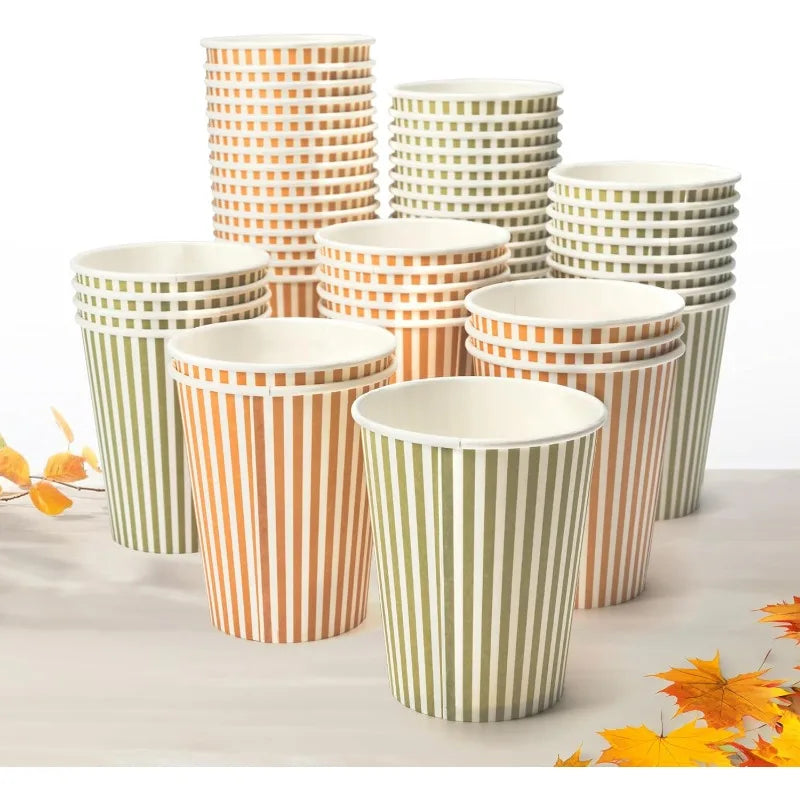 50Pcs Woodland Friend Birthday Paper Cups Green Orange Stripes 9oz Nature Picnic Fall Autumn Thanksgiving Wedding Party Supplies