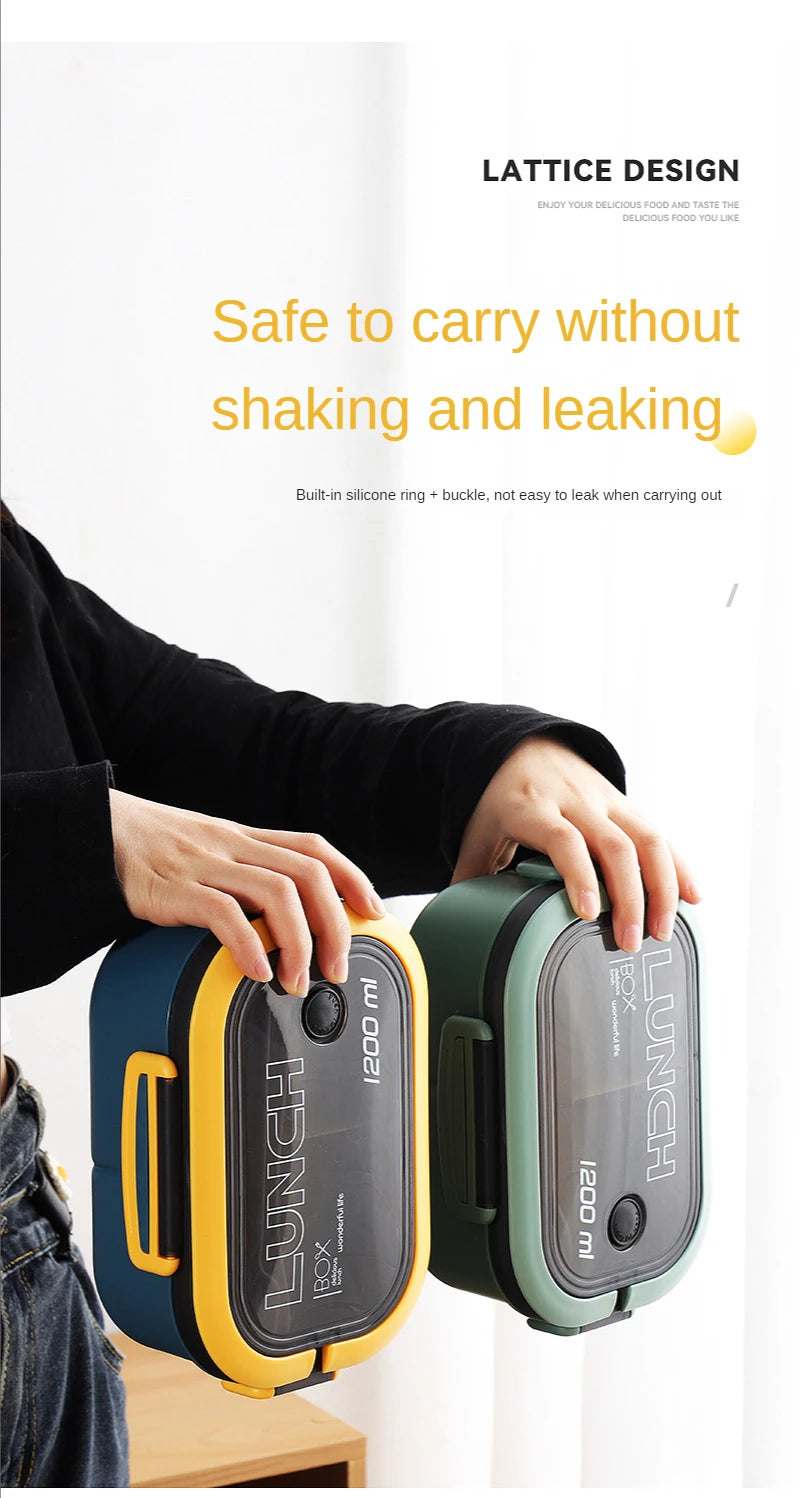 1200ML 2 Layer Bento Lunch Box With Spoon Fork, Kid High Capacity Microwae Food Containers Portable Leakproof Office Camping