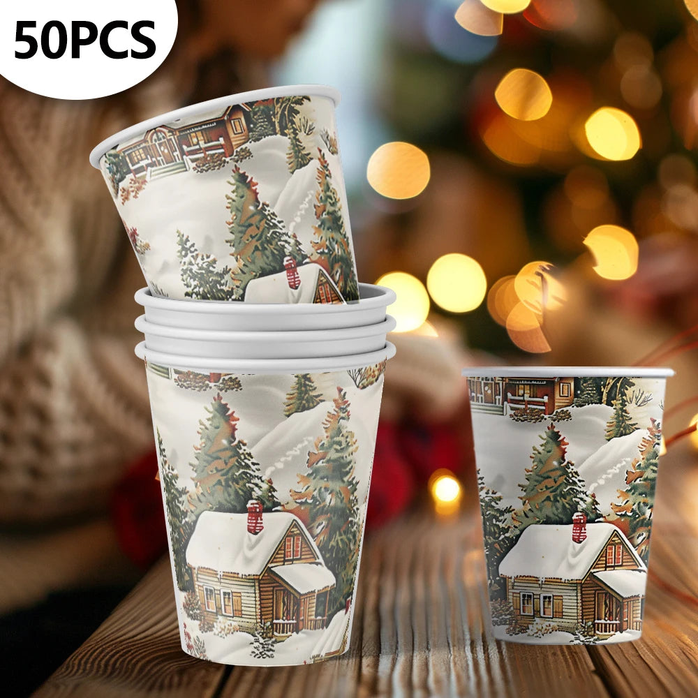 50pcs, Christmas Disposable Paper Cups, 9oz/250ml Eco Cups, Disposable Drinking Cups, Coffee Cups, Drinking Cups, Table Cups