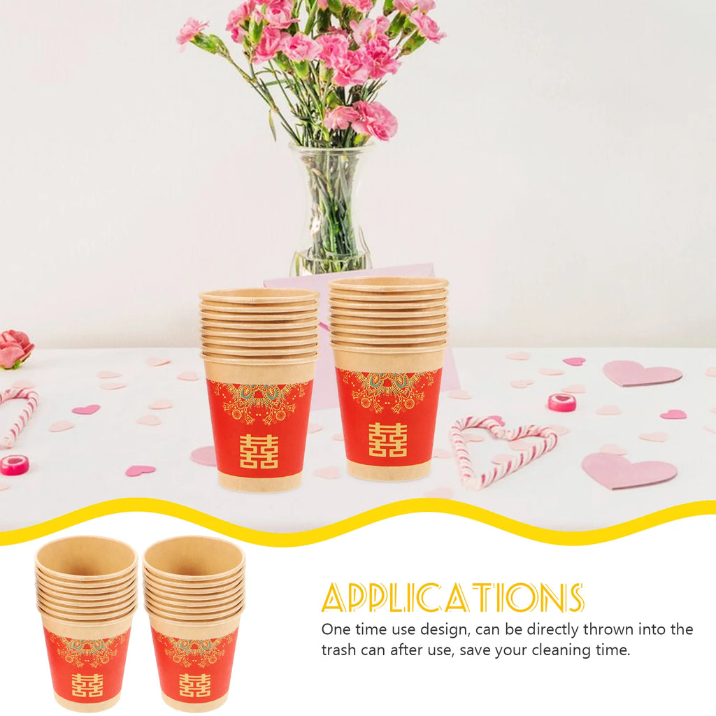 50pcs Red Xi Paper Cups Wedding Disposable Cups Banquet Serving Cups Party Cups Food Grade Beverage Cups Kitchen Dining Bar
