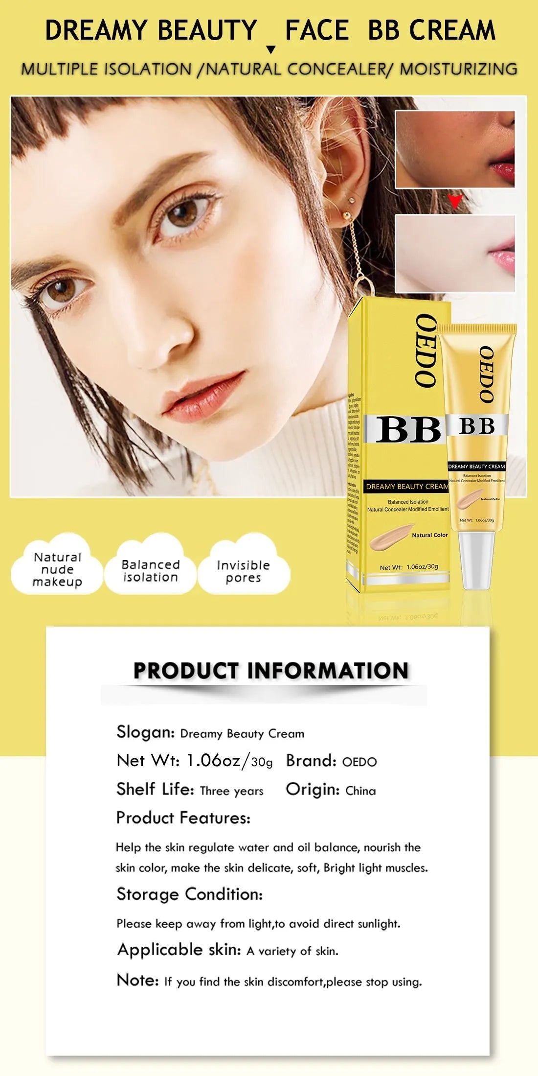 Dreamy Beauty Cream Makeup Natural Concealer BB Cream Face Care Modified Emollient Easy to Wear Sun Block Whitening Cream 30g