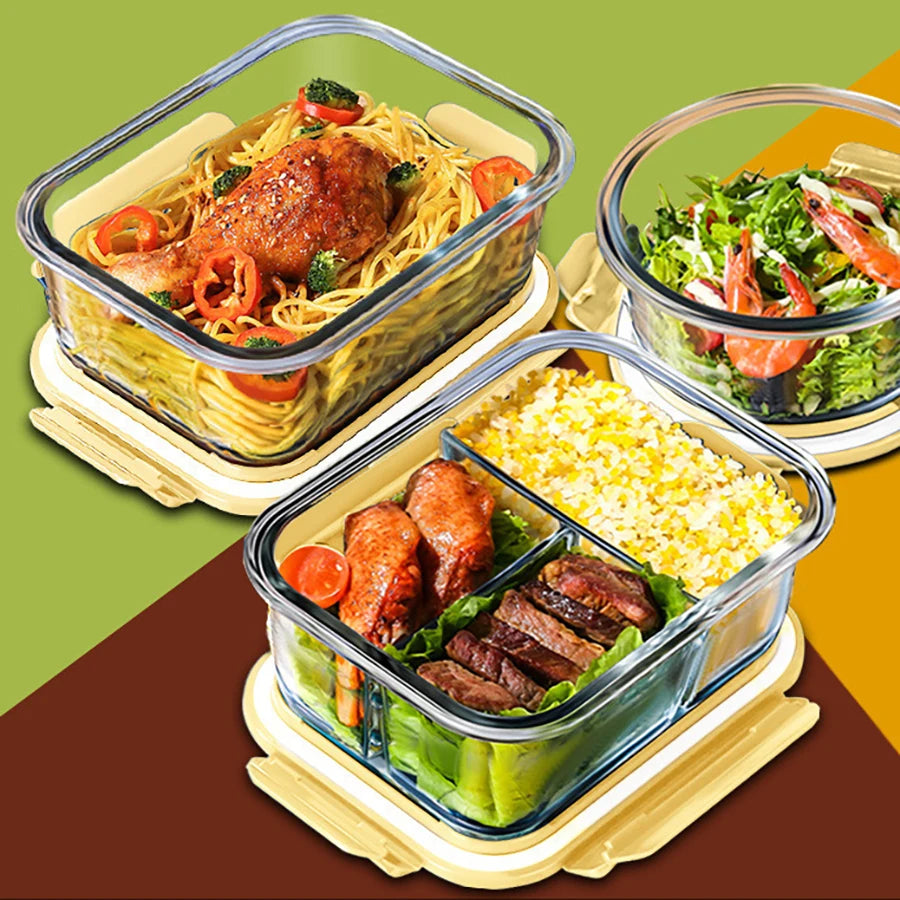 Lunch Box Glass Food Storage Containers with Lids Meal Prep Containers Glass Fresh-Keeping Box Airtight Lunch Boxes Bento Boxes