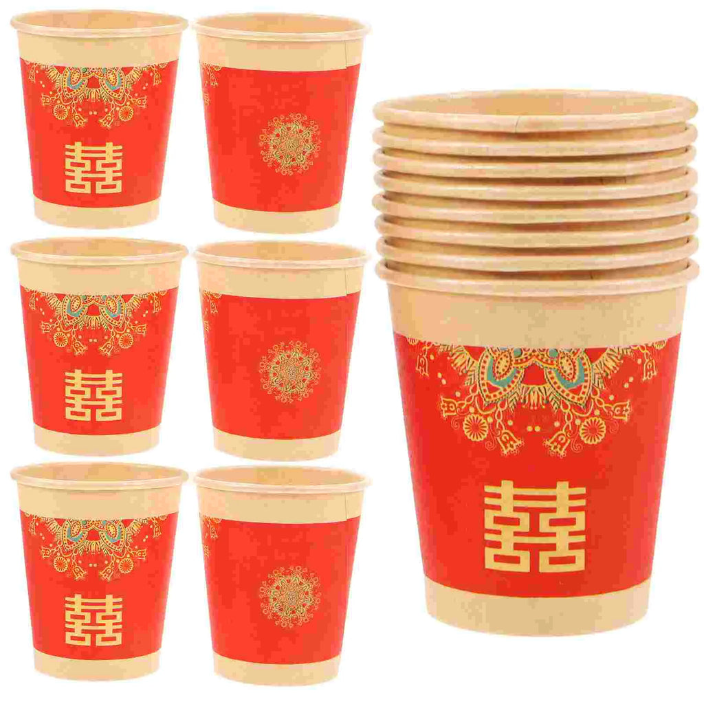 50pcs Red Xi Paper Cups Wedding Disposable Cups Banquet Serving Cups Party Cups Food Grade Beverage Cups Kitchen Dining Bar