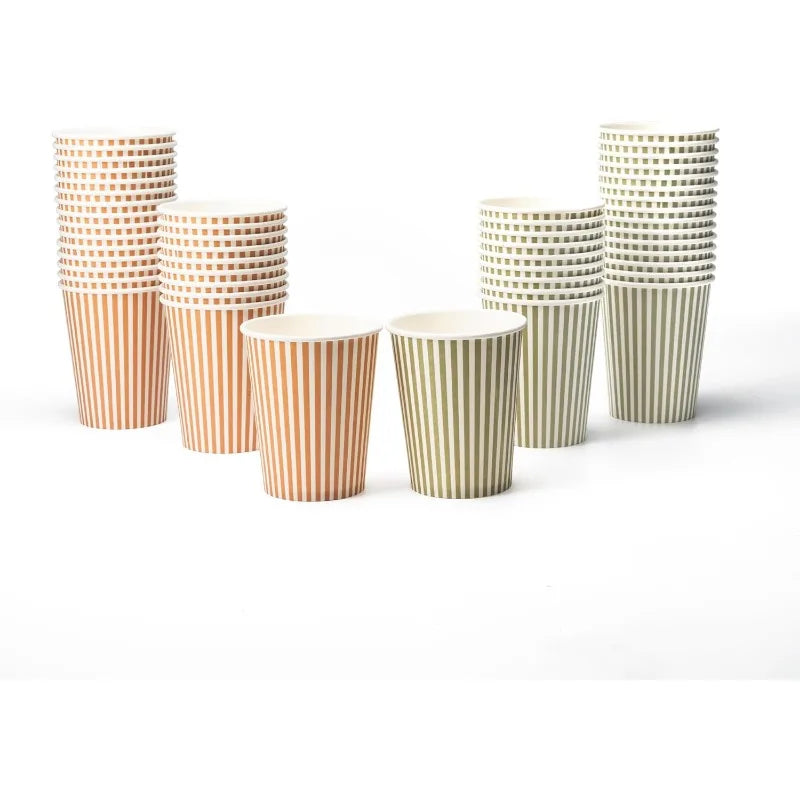 50Pcs Woodland Friend Birthday Paper Cups Green Orange Stripes 9oz Nature Picnic Fall Autumn Thanksgiving Wedding Party Supplies