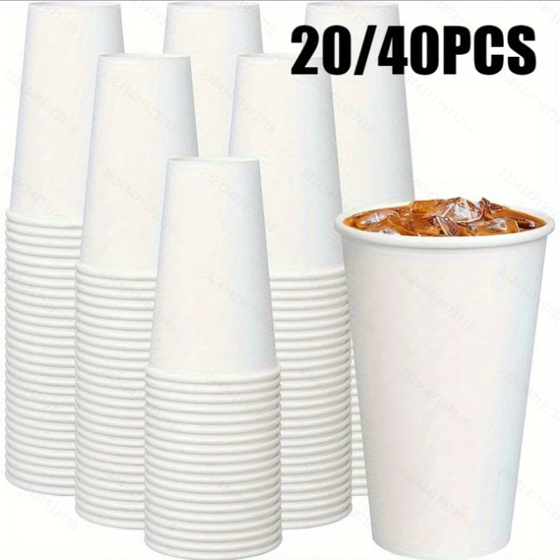 20/40PCS White Paper Cups 16OZ Disposable Coffee Cups Suitable for Hot/cold Drinks Suitable for Parties Picnics Travel Events