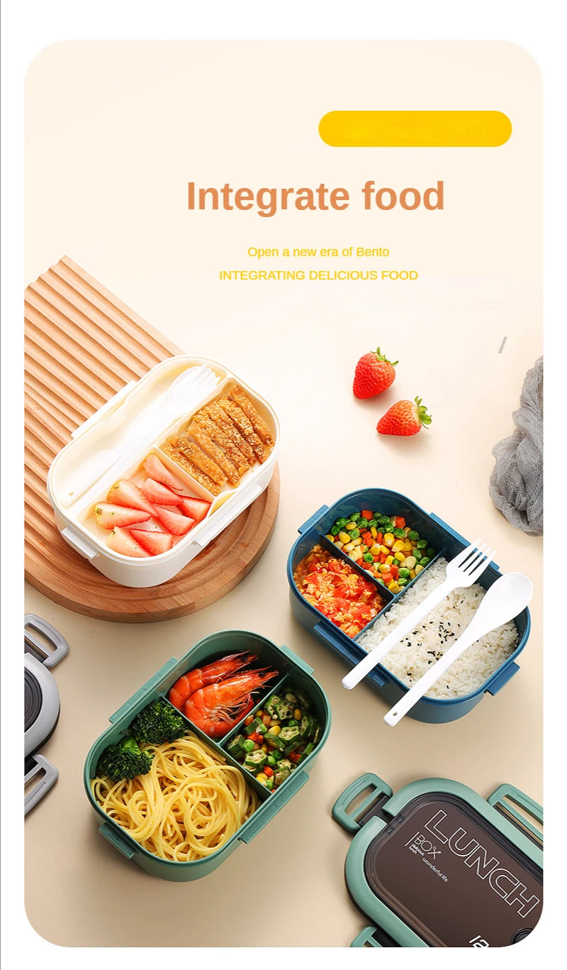 1200ML 2 Layer Bento Lunch Box With Spoon Fork, Kid High Capacity Microwae Food Containers Portable Leakproof Office Camping