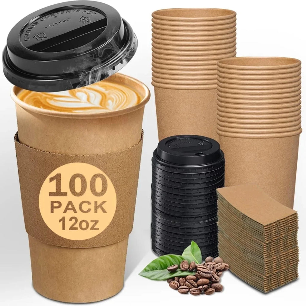 100 Pcs12 Oz Paper Coffee Cups Disposable Coffee Cups With Lids And Sleeves For Home And Cafes Party Restaurant Coffee Shop