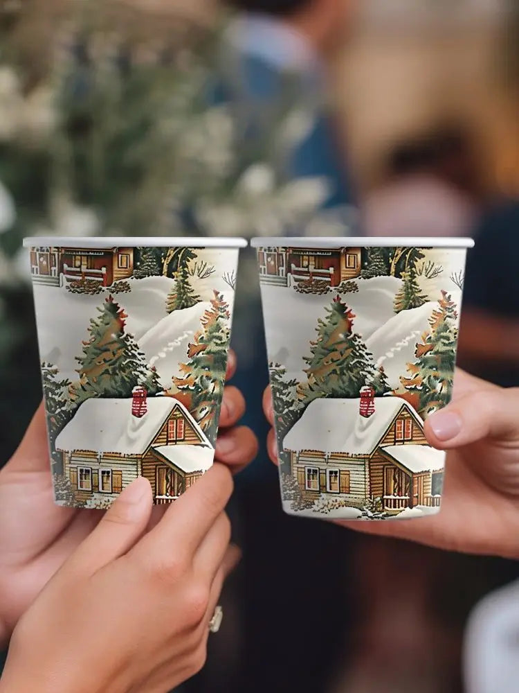 50pcs, Christmas Disposable Paper Cups, 9oz/250ml Eco Cups, Disposable Drinking Cups, Coffee Cups, Drinking Cups, Table Cups
