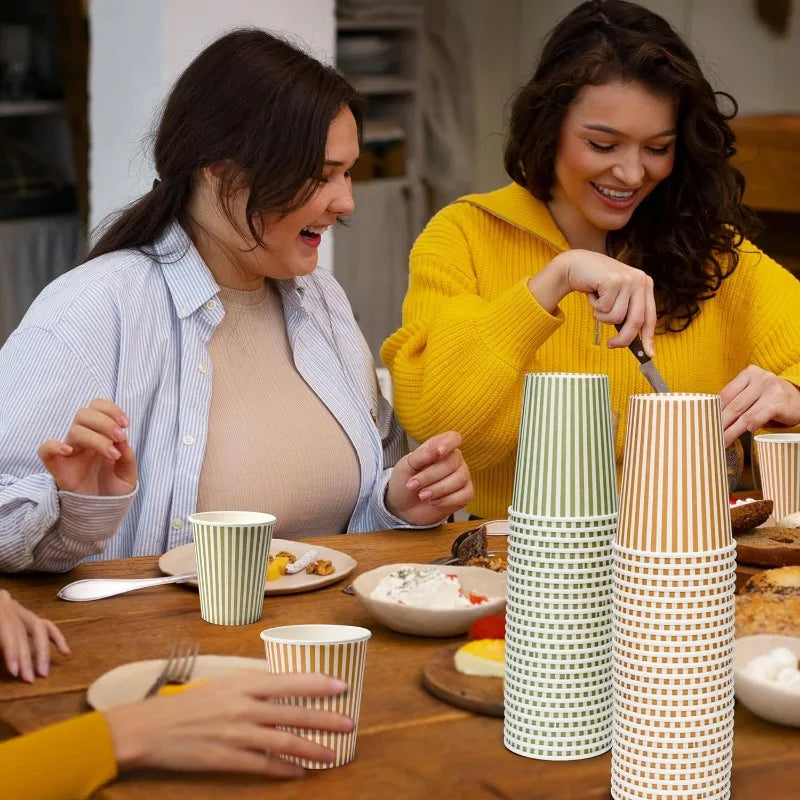 50Pcs Woodland Friend Birthday Paper Cups Green Orange Stripes 9oz Nature Picnic Fall Autumn Thanksgiving Wedding Party Supplies