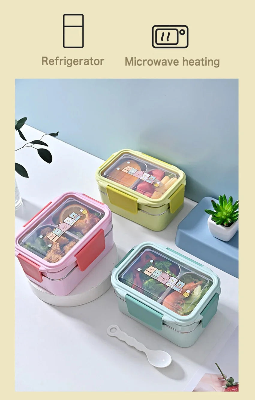 Cartoon Lunch Box  Stainless Steel Double Layer Food Container Portable for Kids Kids Picnic School Bento Box