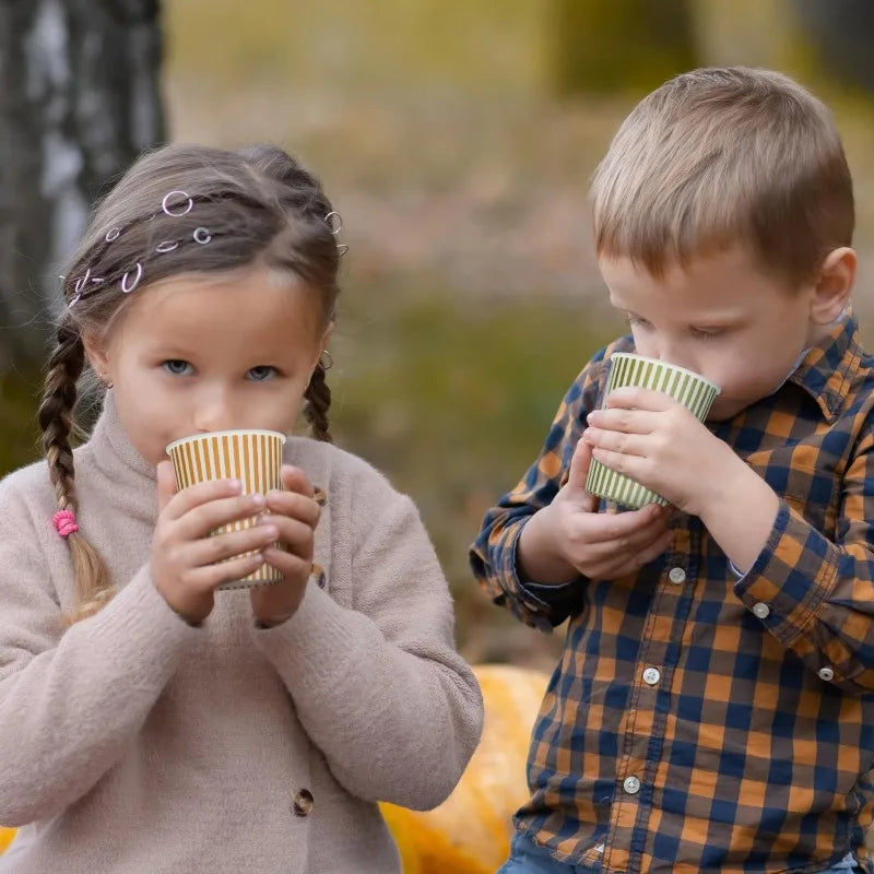 50Pcs Woodland Friend Birthday Paper Cups Green Orange Stripes 9oz Nature Picnic Fall Autumn Thanksgiving Wedding Party Supplies