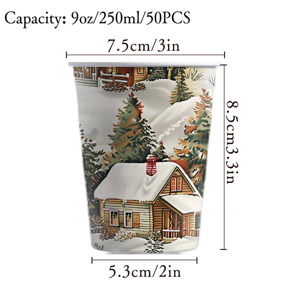 50pcs, Christmas Disposable Paper Cups, 9oz/250ml Eco Cups, Disposable Drinking Cups, Coffee Cups, Drinking Cups, Table Cups