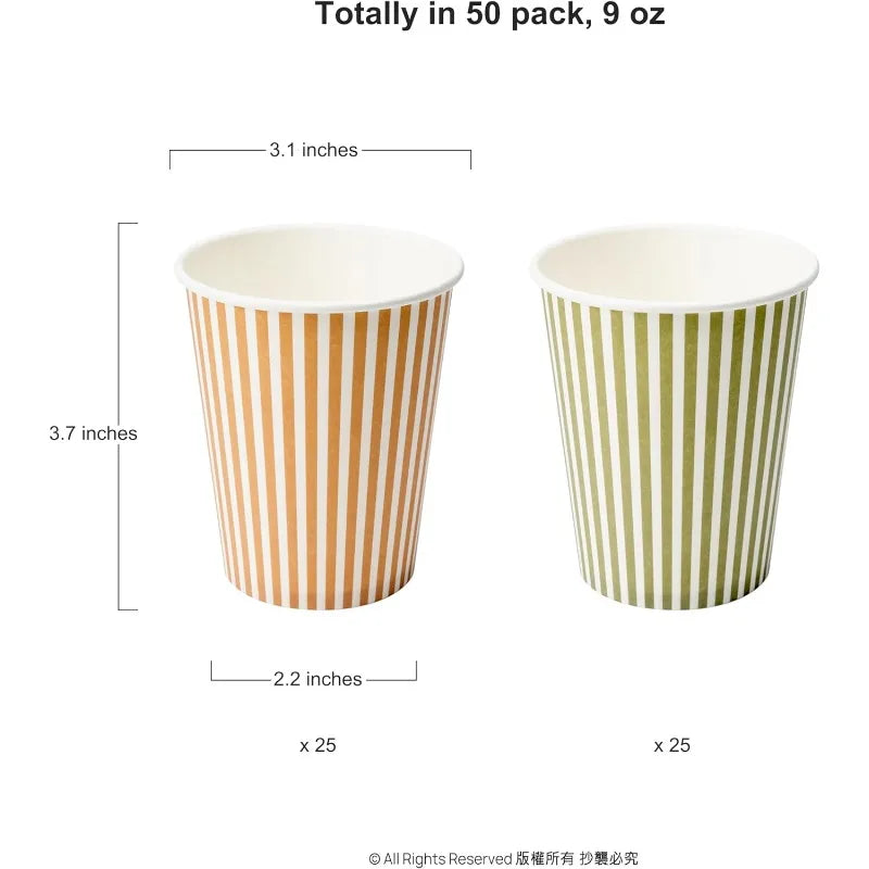 50Pcs Woodland Friend Birthday Paper Cups Green Orange Stripes 9oz Nature Picnic Fall Autumn Thanksgiving Wedding Party Supplies