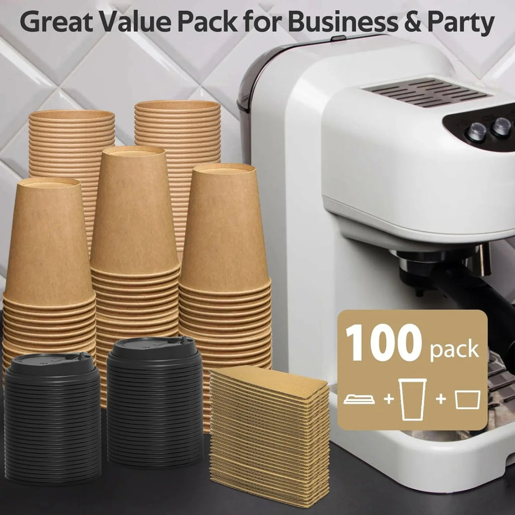 100pcs Paper Coffee Cups Disposable Paper Cups With Lids And Sleeves Perfect For Drink, Coffee, Cocoa, Water Cups 12 Oz